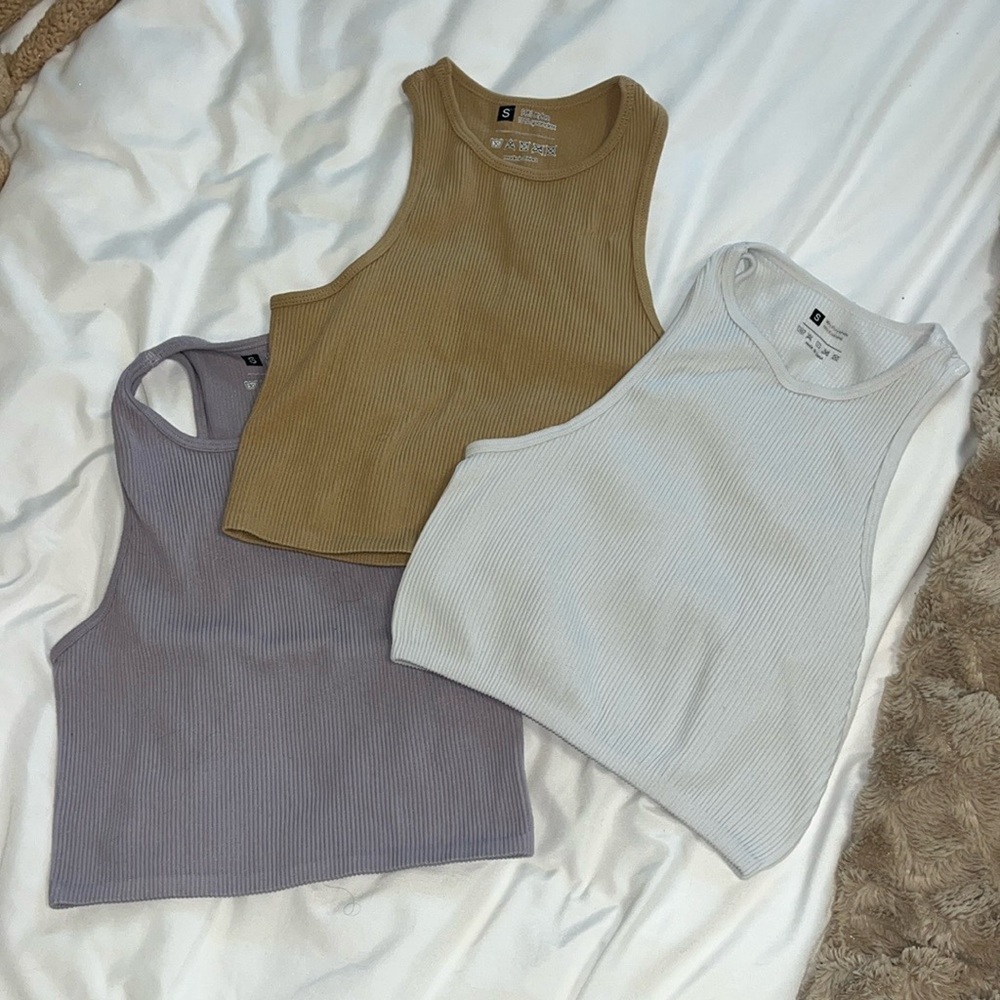 Ribbed White, Tan, and purple Crop Tank Tops